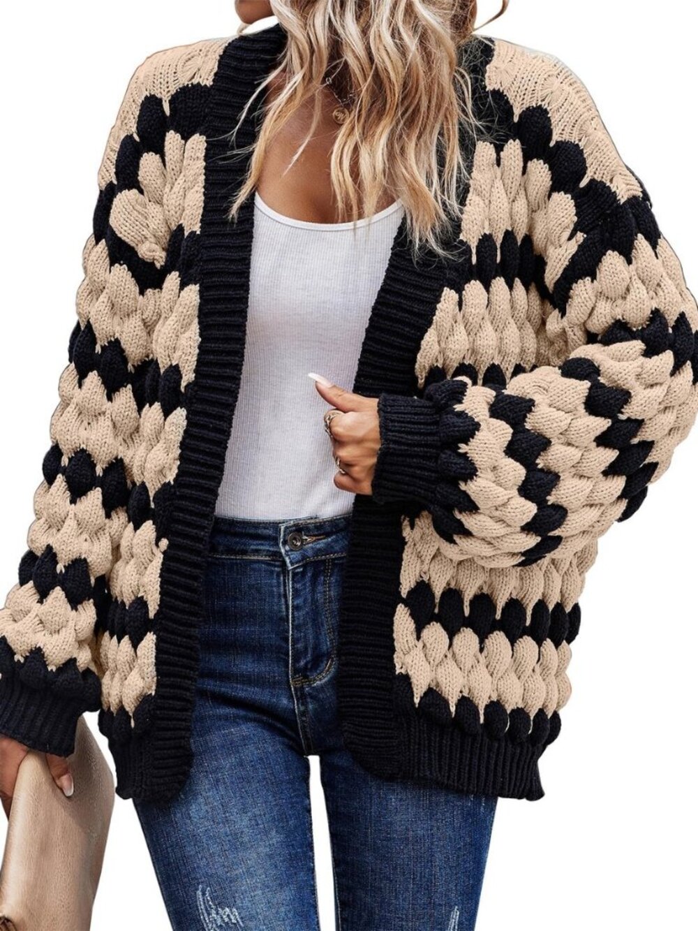 Womens Open Front Chunky Cable Knit Cardigan
